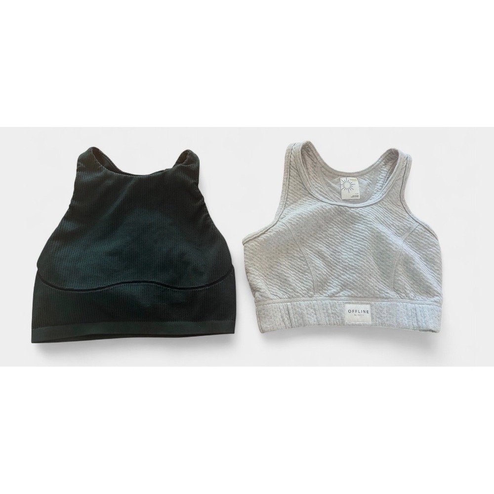 Aerie Offline Sports Bra Set 2 Gray Coffee Run Dark Green Seamless Waffle Small